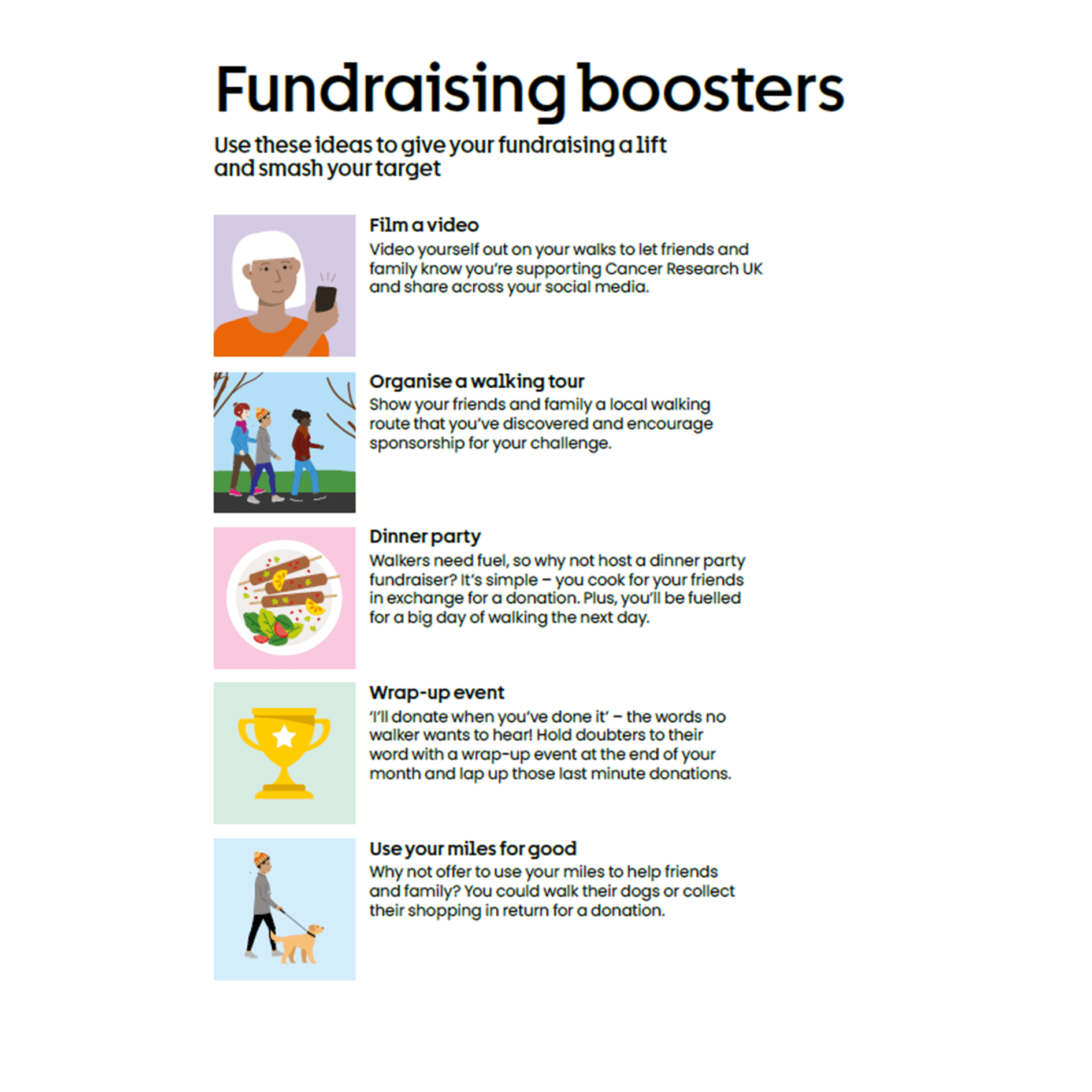 Page shows with illustrations five tips: film a video, run a walking tour, dinner party, wrap-up event, use miles for good.