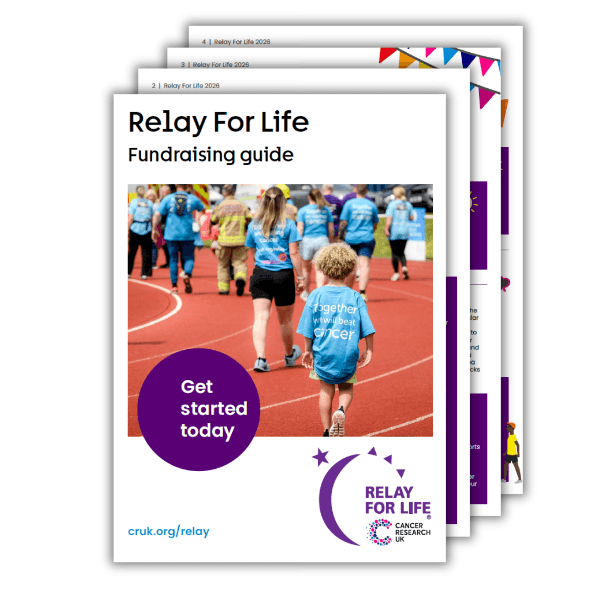 Image of Relay For Life fundraising guide. Front cover with a few pages behind it.