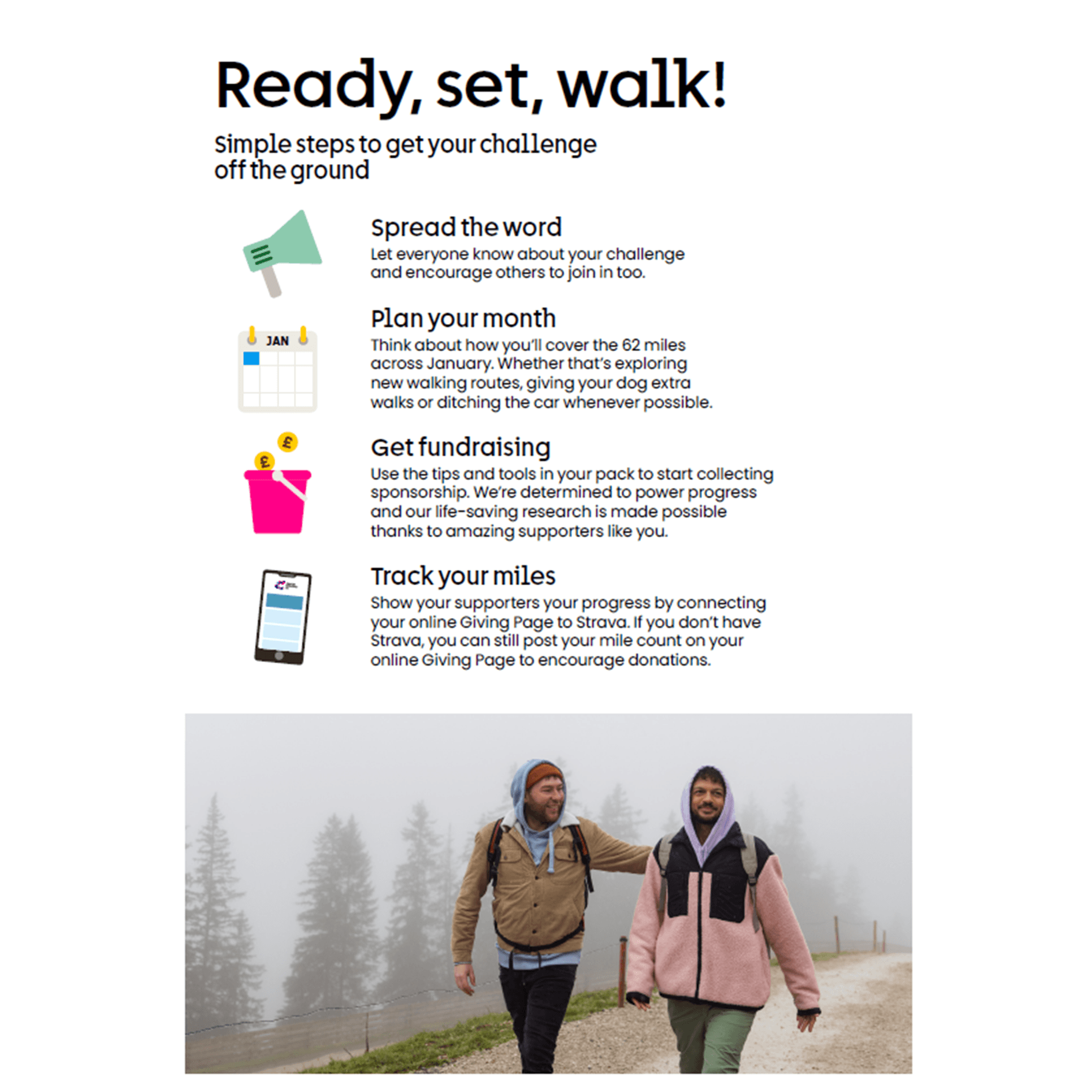 Two people in outdoor gear walk on a forest path with trees in the background. Text gives tips for the challenge.