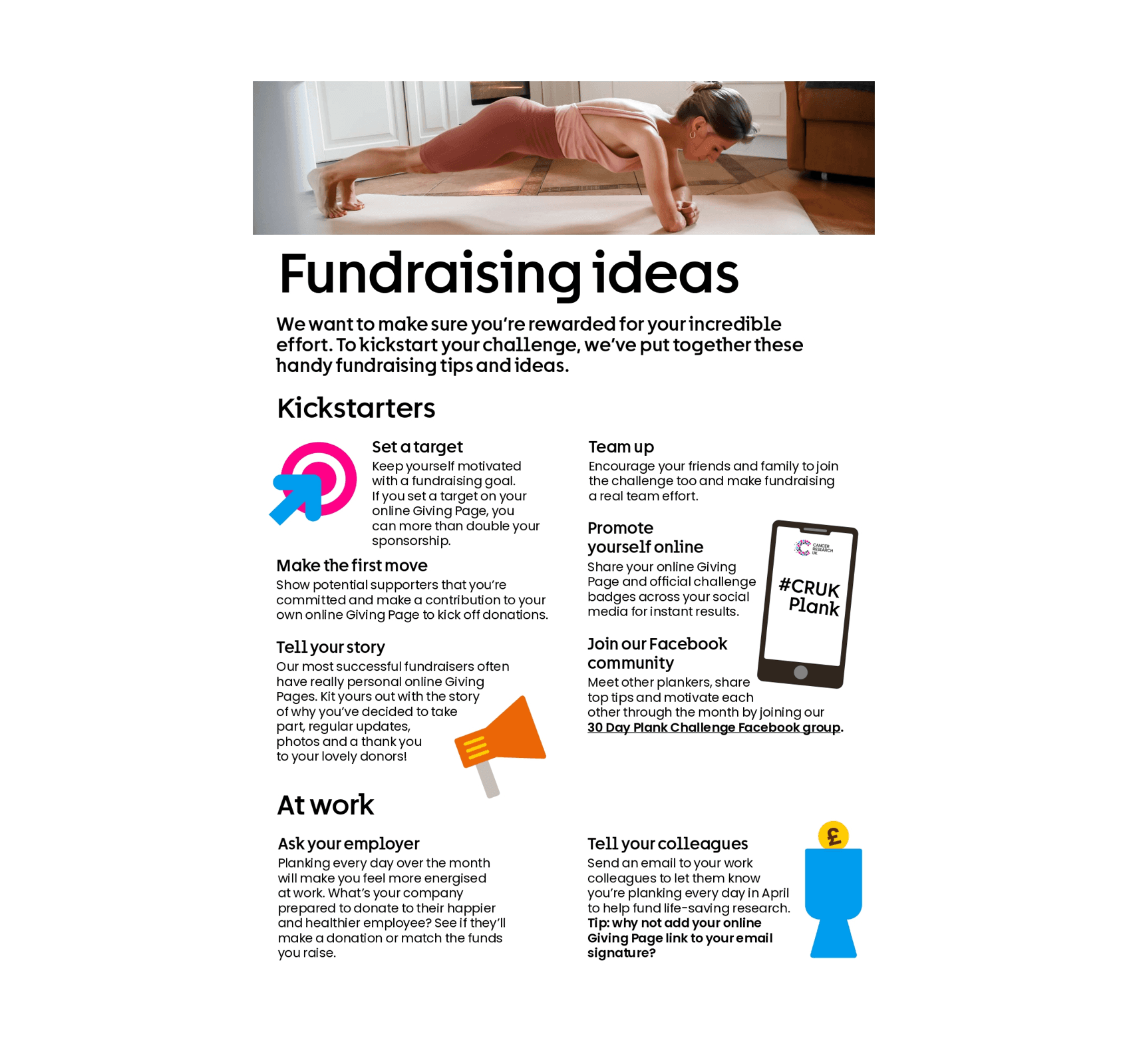 Fundraising ideas with an image of a women planking and illustrations of a target, megaphone, phone and donation bucket.
