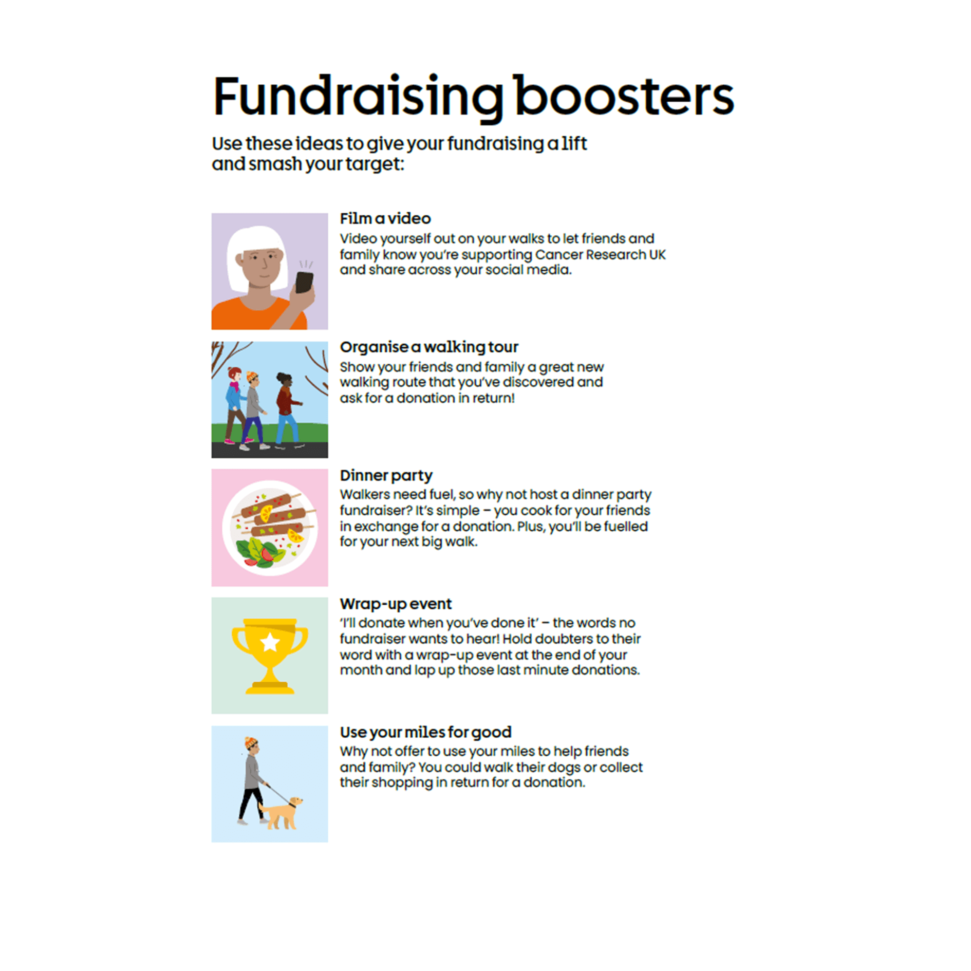 Page with tips to boost fundraising, including hosting walks or dinners, holding events and using your miles for good.