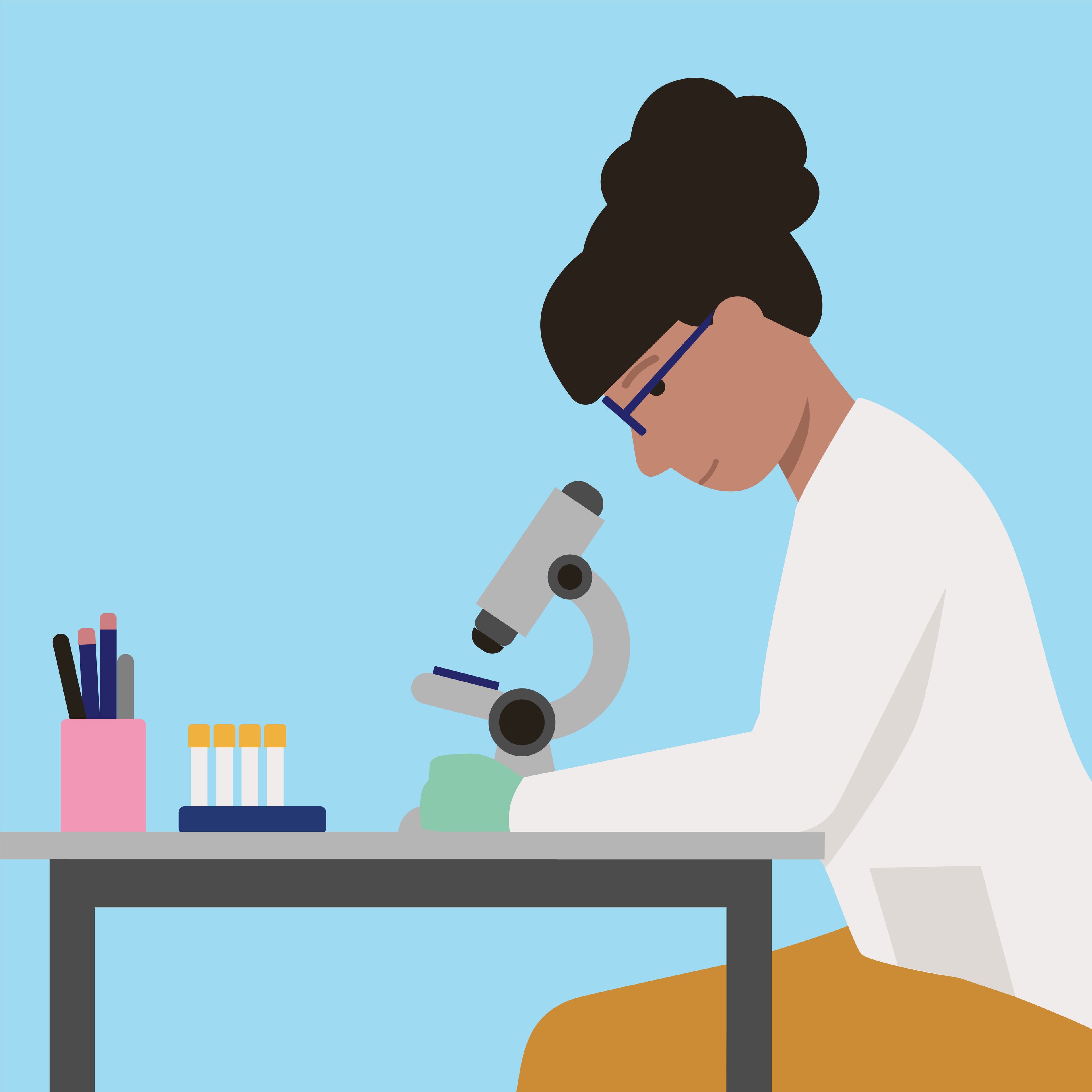 Image showing a female scientist sitting at a desk looking into microscope.