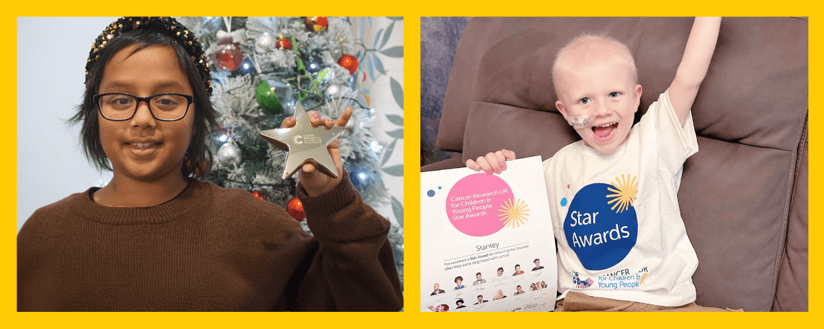 A collage photo of Zara and Stanley, two of our Star Award recipients, holding their award.