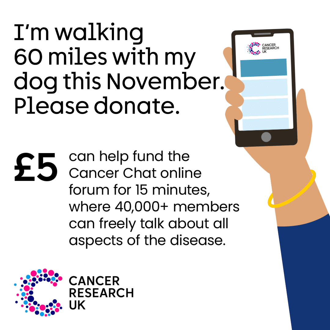 White square with a hand holding a mobile. Text reads 'I'm walking 60 miles with my dog this November. Please donate'.