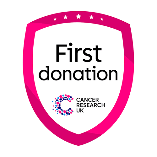 First donation pink outline shield badge.