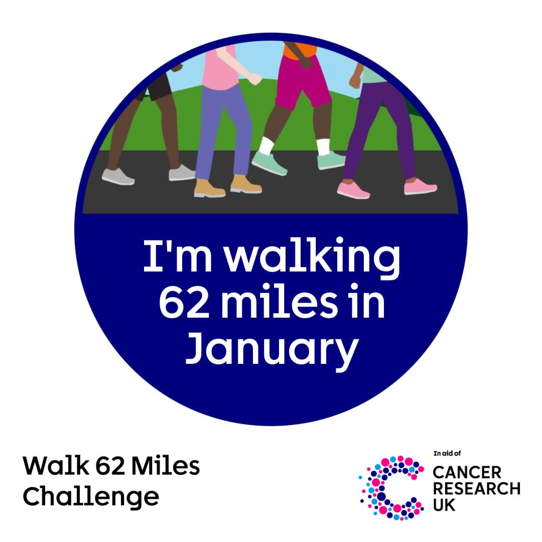 Circular badge with walking legs illustration and text: “I’m walking 62 miles in January” for Cancer Research UK.