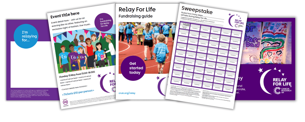 Relay For Life fundraising materials in a row: backsign, poster, fundraising guide, sweepstake and Candle of Hope invite.