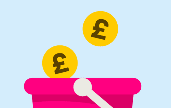 Illustration of money falling into a donation bucket.