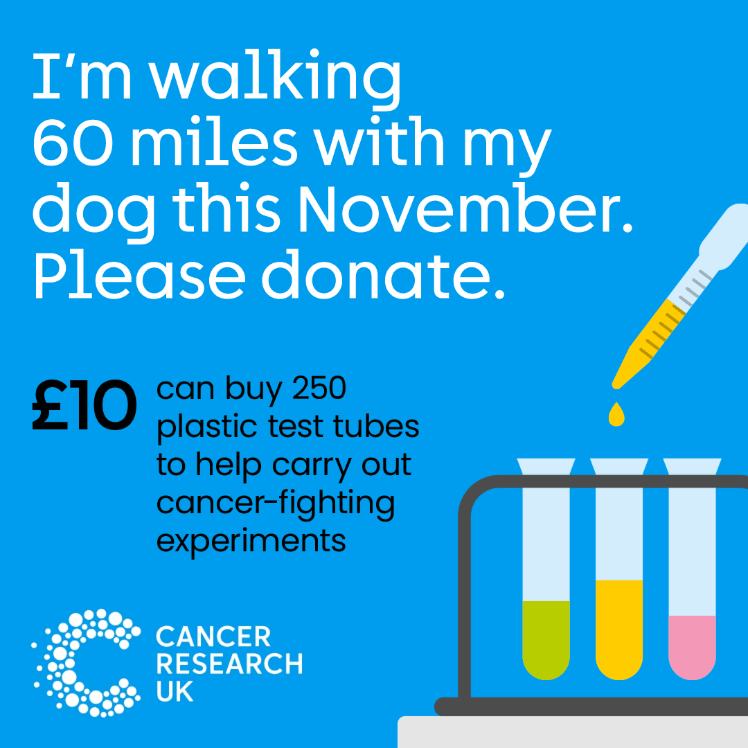 Blue square with an illustration of test tubes. Text reads 'I'm walking 60 miles with my dog this November. Please donate'.