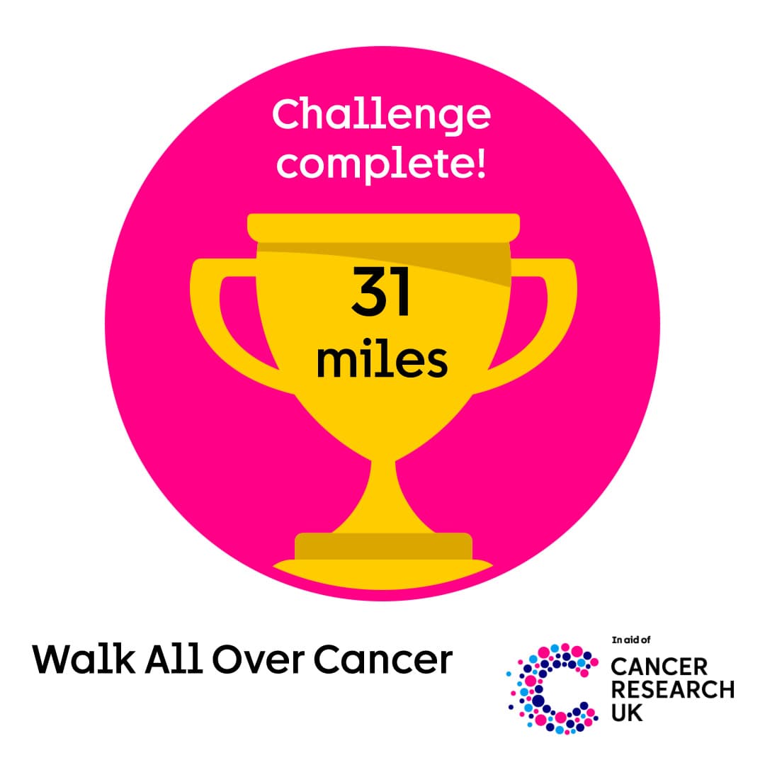 Pink badge with a gold trophy reading ‘31 miles’ and text saying ‘Challenge complete!' next to it.