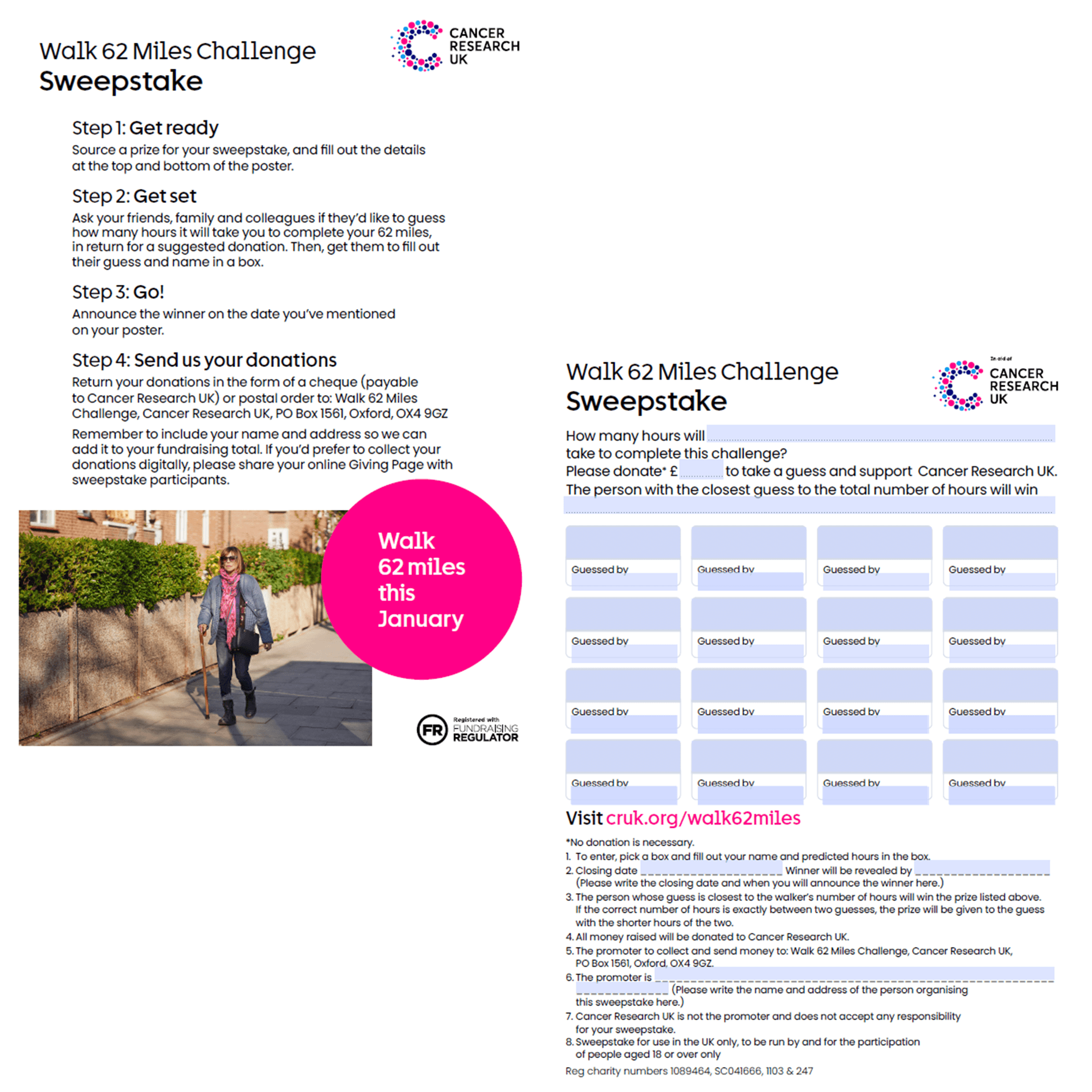 Sweepstake guide for Walk 62 Miles Challenge with steps to run a prize draw and a form for guesses on hours to complete.