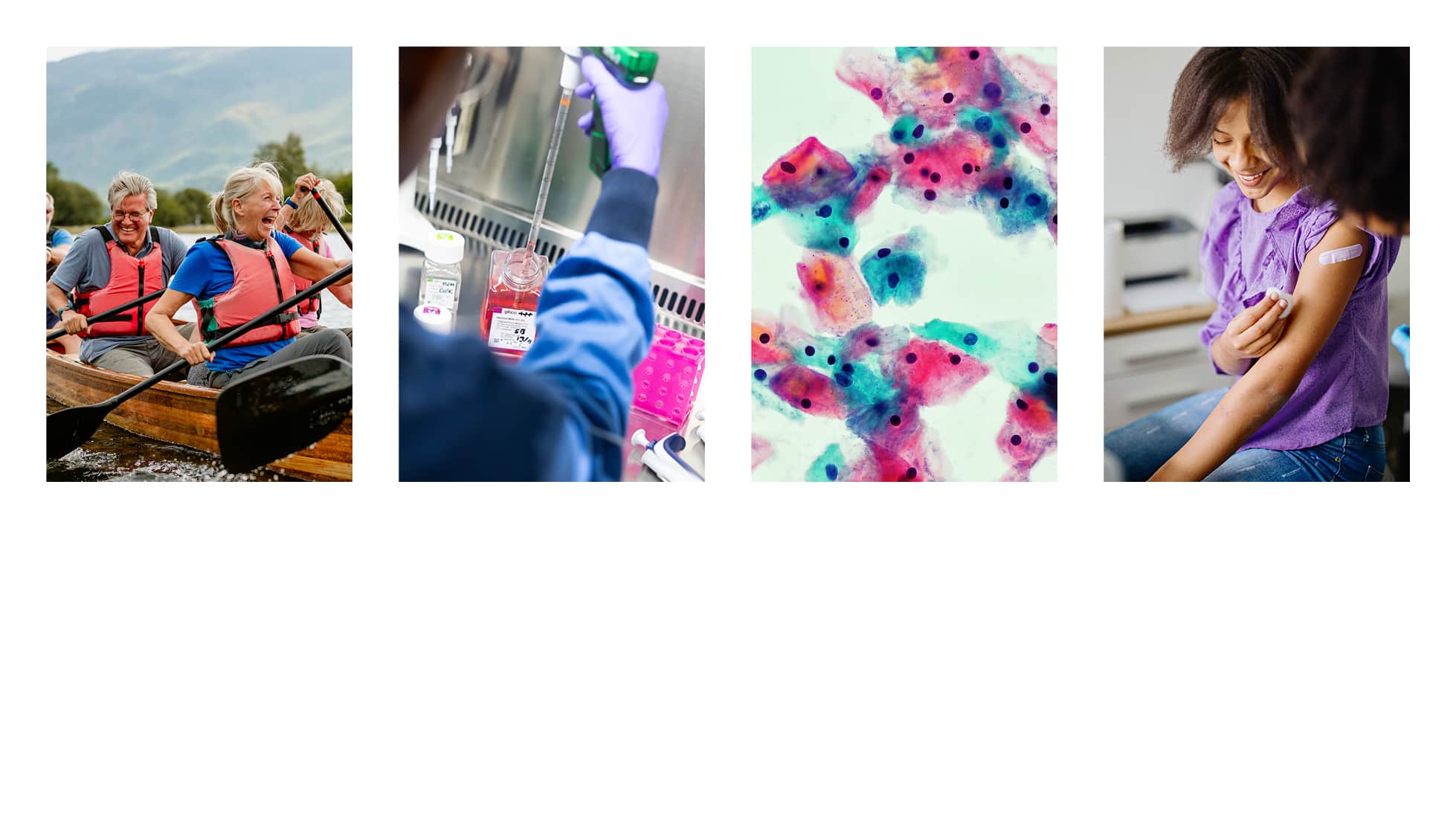 Prevention conference collage including - a cell, people in a canoe, researcher in a lab and a child and parent smiling.