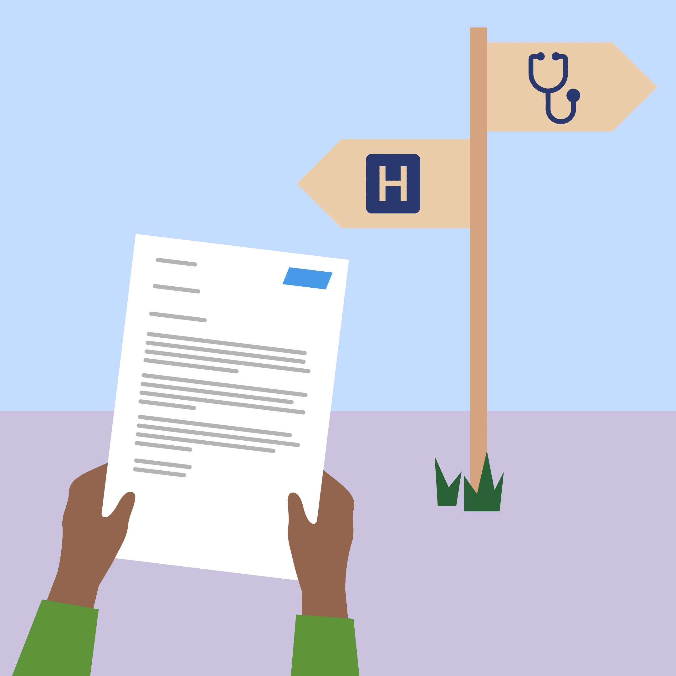 An illustration of a patient holding a hospital referral letter with directions to a hospital or doctors office.