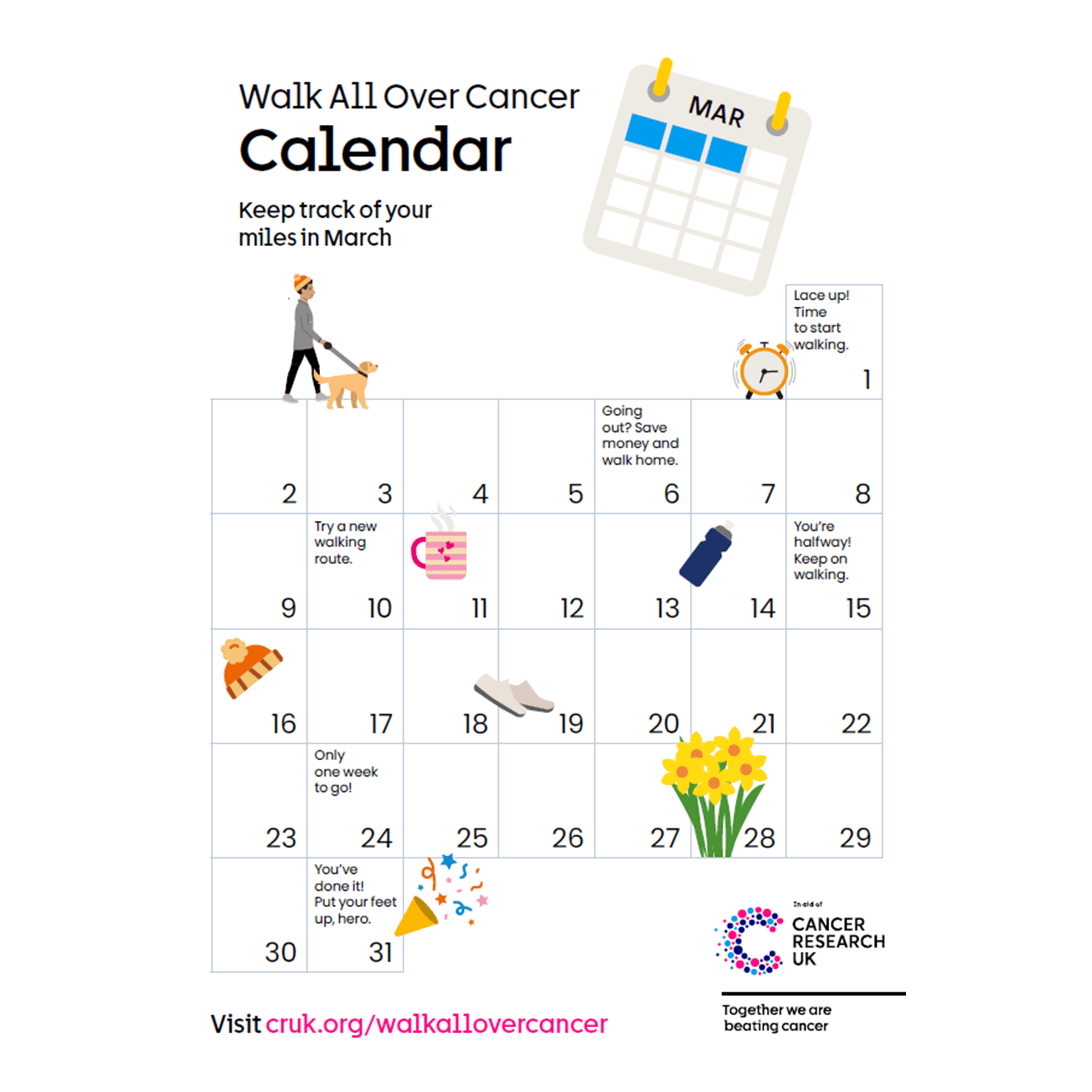 Challenge calendar with prompts and icons to help track miles for the Walk All Over Cancer challenge.