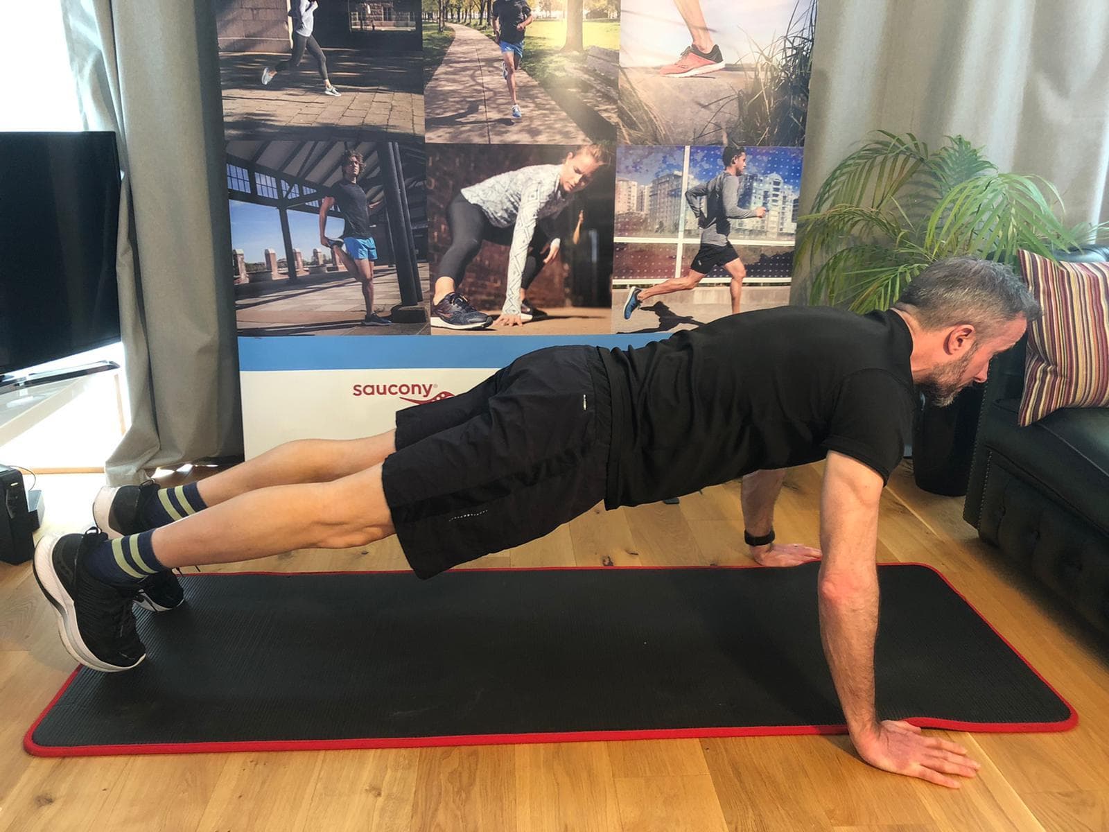 A person doing full push-ups.