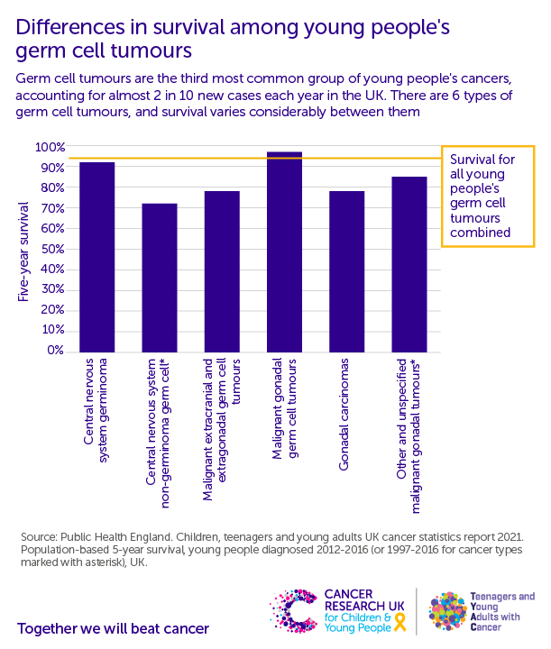 A bar graph showing differences in survival among young people''s germ cell tumours
